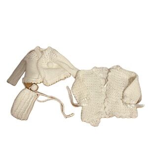 Hand Crochet Sweater Jacket Bundle W/ Hat Newborn to 12 mos White Gender Neutral